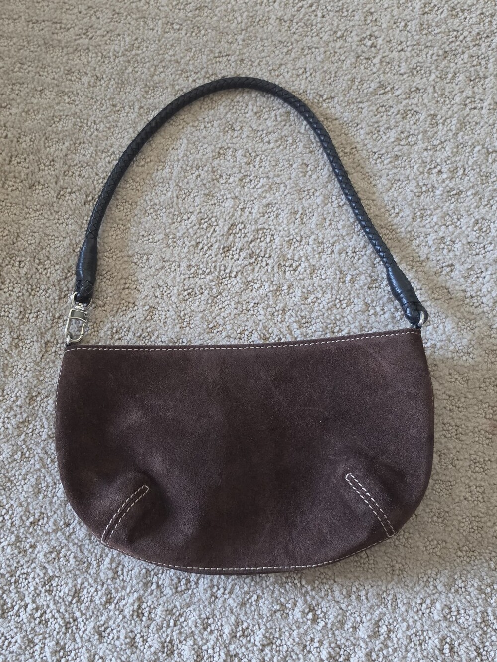Brown Suede Mini Shoulder Bag with Black Braided Strap